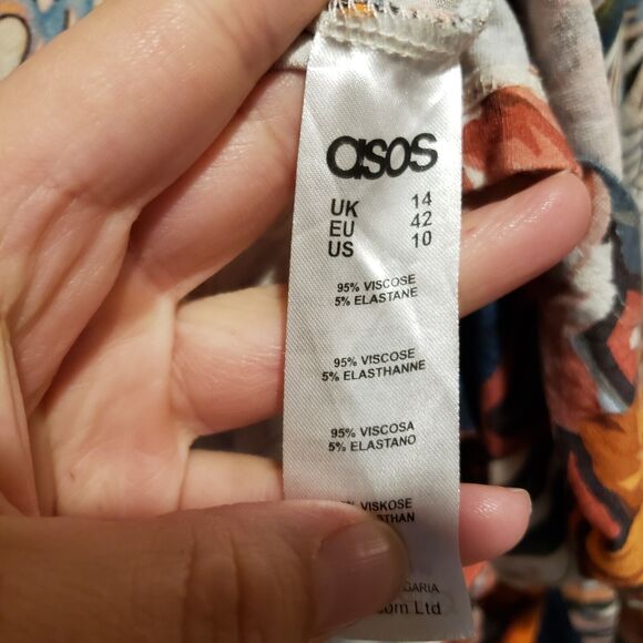 ASOS DESIGN Red Mini Dress Mixed Floral Print Lace Blouson Sleeve Womens Size 14 - Picture 11 of 11